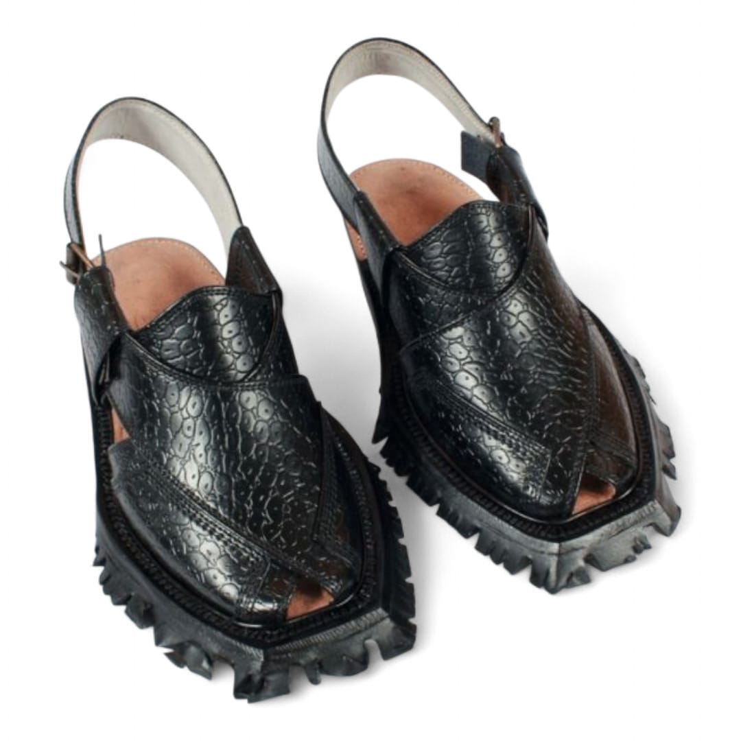 Black Printed Leather Quetta Norozi Shikari Chappal – 092275