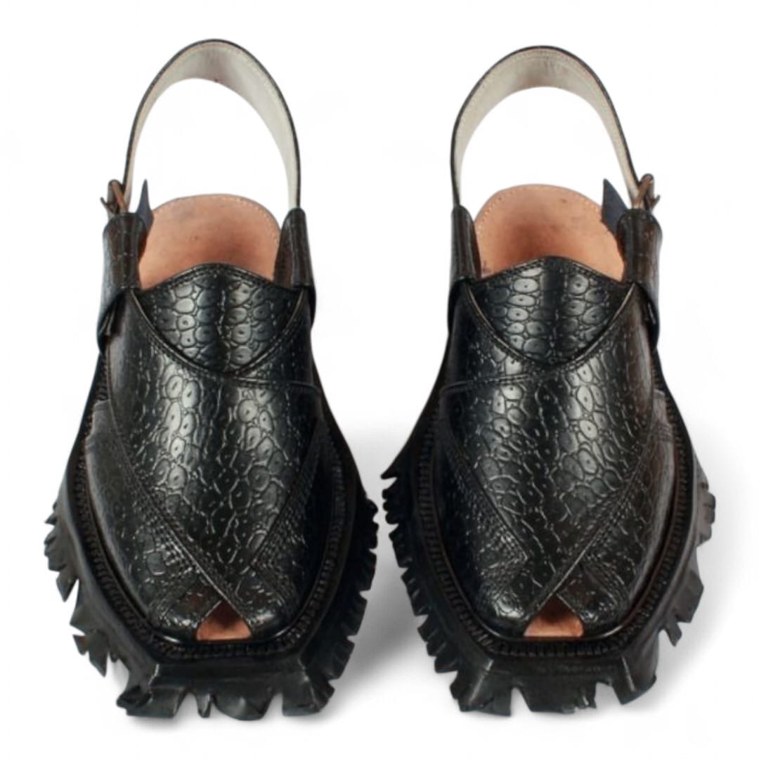Black Printed Leather Quetta Norozi Shikari Chappal – 092275