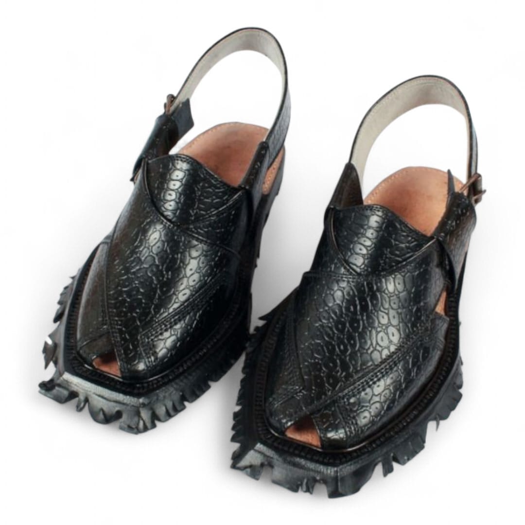 Black Printed Leather Quetta Norozi Shikari Chappal – 092275