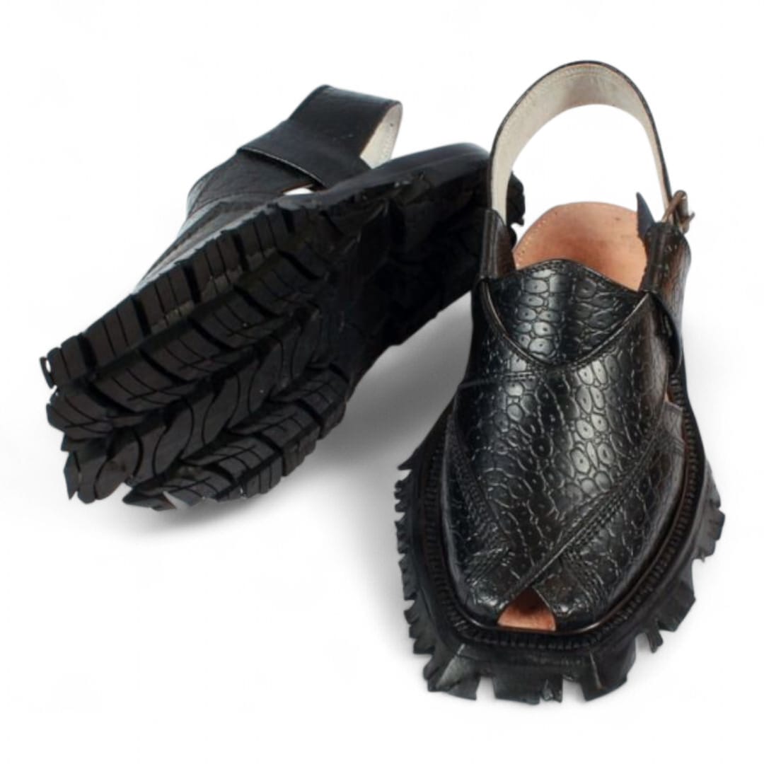 Black Printed Leather Quetta Norozi Shikari Chappal – 092275