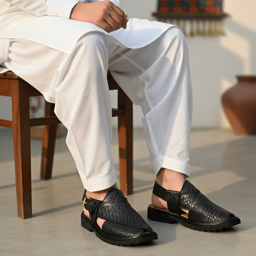 Black Peshawari Chappal with Vibram Sole – 09211